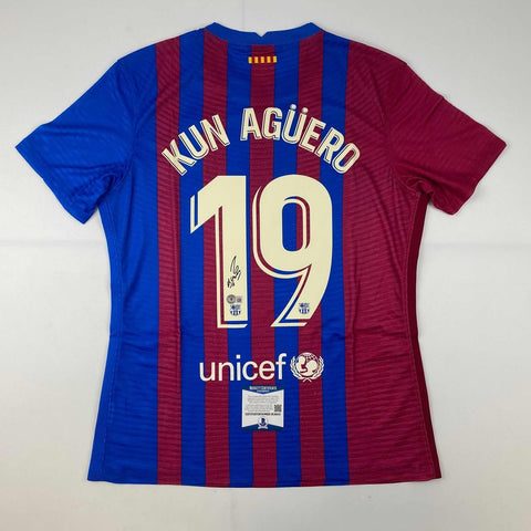 Autographed/Signed Sergio Kun Aguero FC Barcelona Soccer Jersey Beckett BAS COA