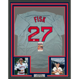 Framed Autographed/Signed Carlton Fisk 33x42 Boston Grey Baseball Jersey JSA COA