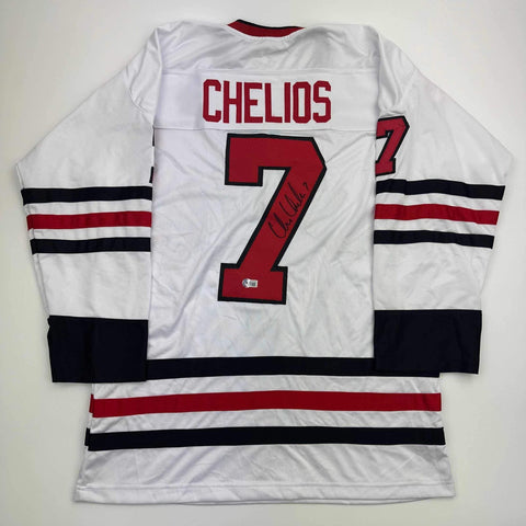 Autographed/Signed Chris Chelios Chicago White Hockey Jersey Beckett BAS COA