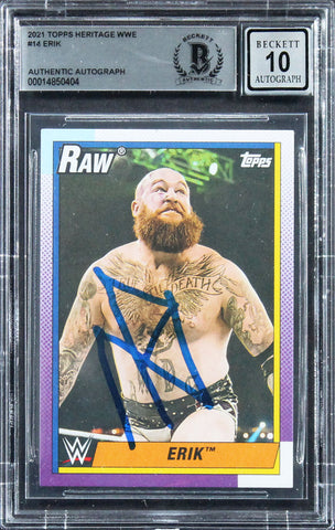 Erik Signed 2021 Heritage WWE #14 Card Auto Graded Gem Mint 10! BAS Slabbed