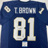 Autographed/Signed Tim Brown Heisman 87 Notre Dame Blue College Jersey BAS COA