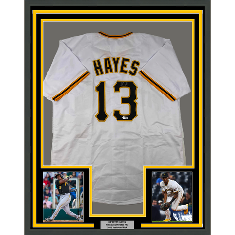 Framed Autographed/Signed Ke'Bryan Hayes 33x42 Pittsburgh White Jersey BAS COA