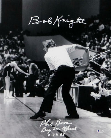 Bob Knight Phil Bova Signed 16x20 B&W Chair Photo w/ Insc - Beckett Auth *White