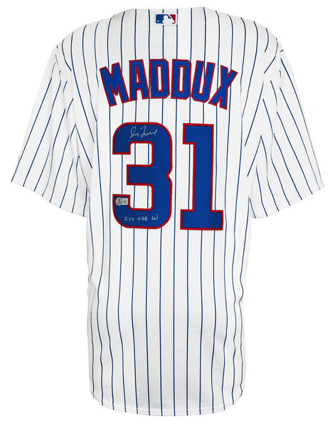 Greg Maddux Signed Cubs Majestic Rep Baseball Jersey w/Fly The W - (Beckett COA)