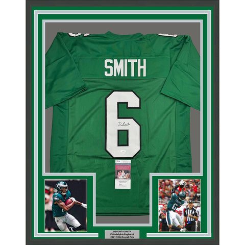 Framed Autographed/Signed Devonta Smith 35x39 Philadelphia Kelly Jersey JSA COA