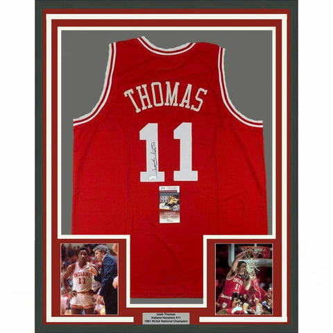 FRAMED Autographed/Signed ISIAH THOMAS 33x42 Indiana Red Jersey JSA COA Auto