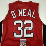 Autographed/Signed SHAQUILLE SHAQ O'NEAL Miami Red Basketball Jersey JSA COA