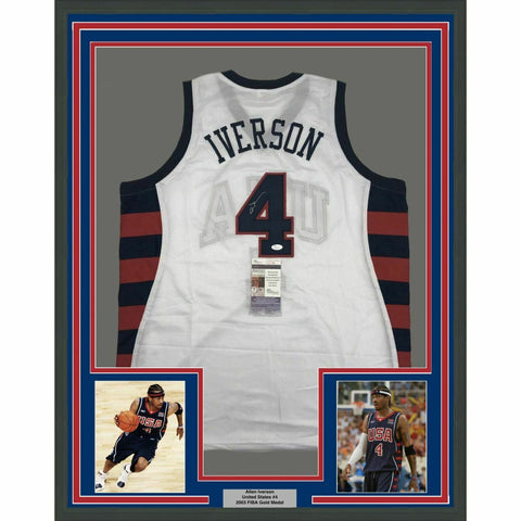 FRAMED Autographed/Signed ALLEN IVERSON 33x42 United States White Jersey JSA COA