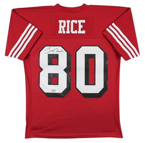 49ers Jerry Rice Signed Red M&N Jersey w/ Dropshadow Fanatics #QL84398928