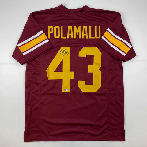 Autographed/Signed Troy Polamalu USC Maroon College Jersey Beckett BAS COA