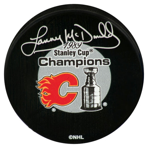 Lanny McDonald Signed Flames 1989 Stanley Cup Logo Hockey Puck - (SCHWARTZ COA)