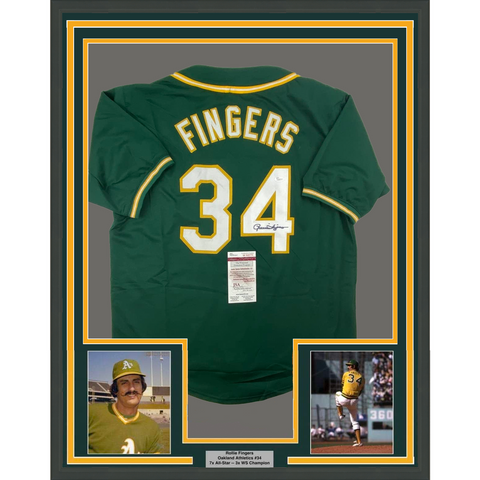 Framed Autographed/Signed Rollie Fingers 33x42 Oakland Green Jersey JSA COA