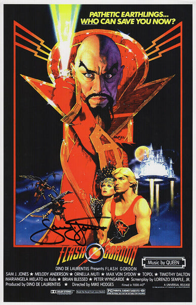 Sam J. Jones Signed Flash Gordon 11x17 Movie Poster - (In Black) -(SCHWARTZ COA)