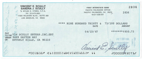 Vin Scully Signed 4/23/1987 First Interstate Bank Check 38911