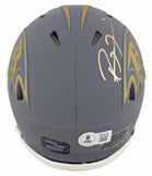 Ravens Ray Lewis Signed Slate Speed Mini Helmet w/ Gold Sig BAS Witnessed