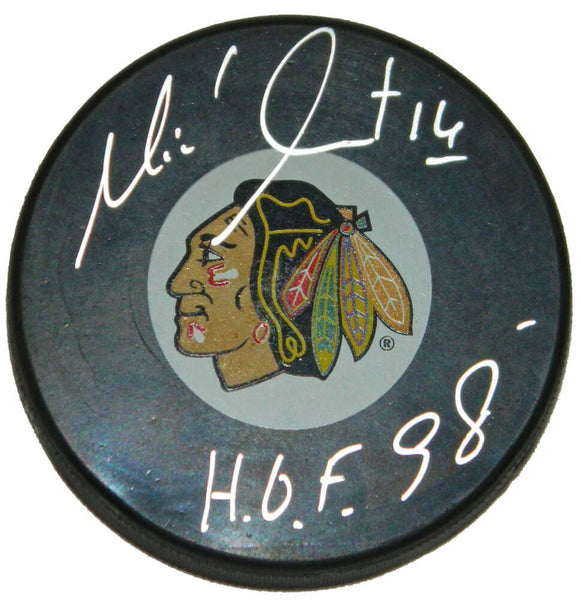 Michel Goulet Signed Blackhawks Logo Hockey Puck w/HOF'98