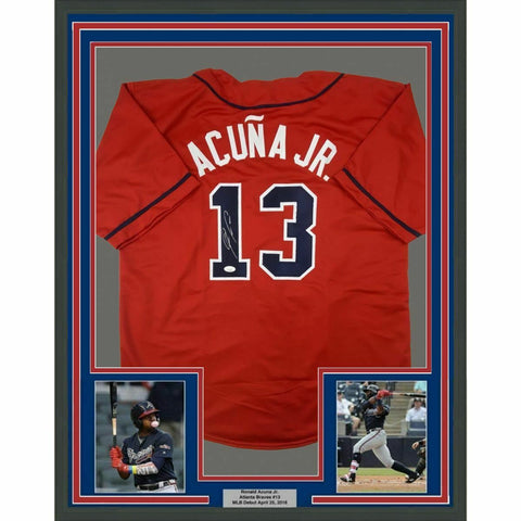 FRAMED Autographed/Signed RONALD ACUNA JR. 33x42 Atlanta Red Jersey JSA COA