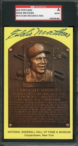 Eddie Mathews Signed Hall of Fame Plaque Card (SGC) Milwaukee, Atlanta Braves