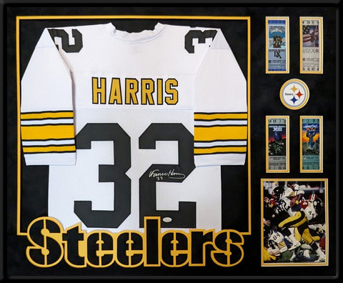 FRAMED IN SUEDE PITTSBURGH STEELERS FRANCO HARRIS AUTOGRAPHED JERSEY JSA COA