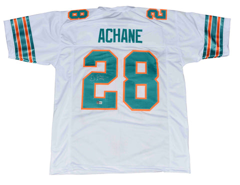 DE'VON ACHANE AUTOGRAPHED MIAMI DOLPHINS #28 WHITE THROWBACK JERSEY BECKETT