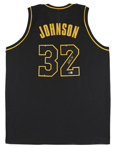 Magic Johnson Signed Black Pro Style Jersey Black Numbers Gold Trim BAS Witness