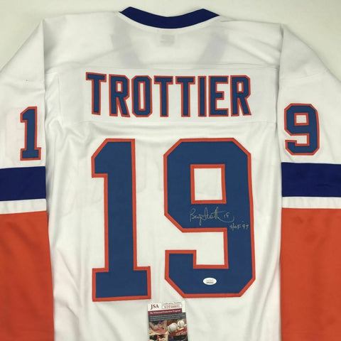 Autographed/Signed BRYAN TROTTIER HOF 97 New York White Hockey Jersey JSA COA