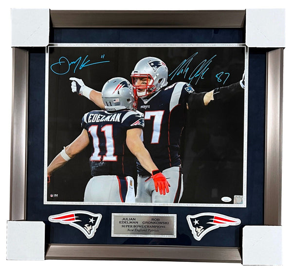 Julian Edelman Rob Gronkowski Signed Spotlight 16x20 Matted & Framed Photo JSA