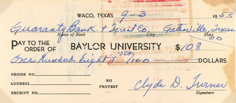 Clyde Bulldog Turner Signed 1953 Waco Texas Baylor University Check 37604