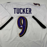 Autographed/Signed Justin Tucker Baltimore White Football Jersey JSA COA