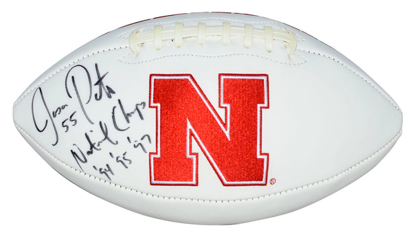 JASON PETER SIGNED NEBRASKA CORNHUSKERS WHITE LOGO FOOTBALL W/ 3X CHAMPS