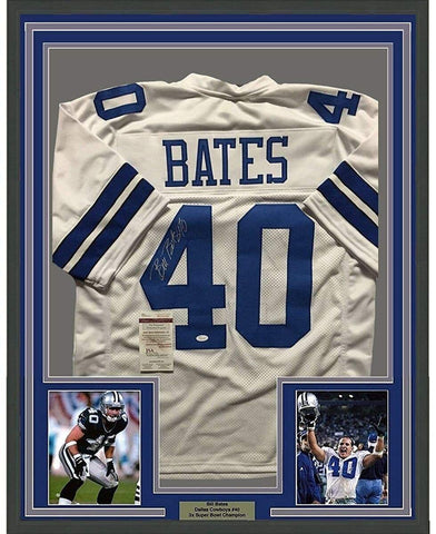 Framed Autographed/Signed Bill Bates 35x39 Dallas White Football Jersey JSA COA