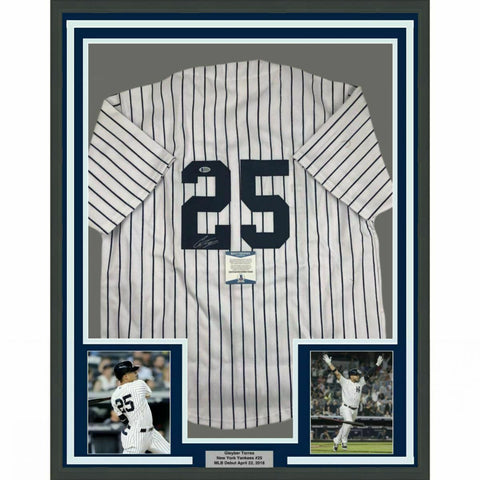 FRAMED Autographed/Signed GLEYBER TORRES 33x42 NY #25 Pinstripe Jersey BAS COA