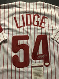 Autographed/Signed BRAD LIDGE Philadelphia Pinstripe Baseball Jersey JSA COA