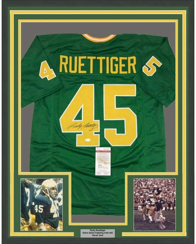 FRAMED Autographed/Signed RUDY RUETTIGER 33x42 ND Green Jersey JSA COA