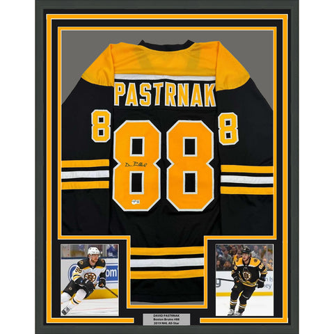 Framed Autographed/Signed David Pastrnak 35x39 Boston Black Jersey Beckett COA