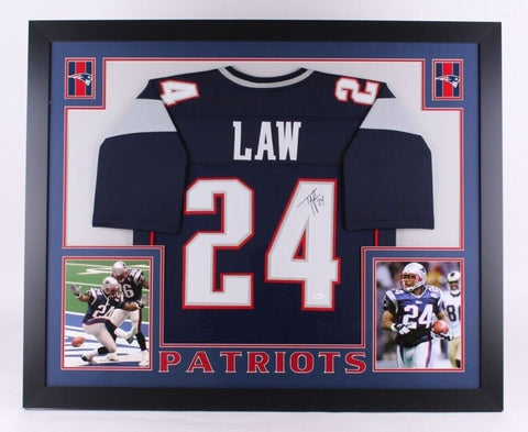 Ty Law Signed Patriots 35"x 43" Framed Jersey (JSA COA) 3xSuper Bowl Champion DB