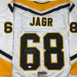 Autographed/Signed Jaromir Jagr Pittsburgh White Hockey Jersey JSA COA