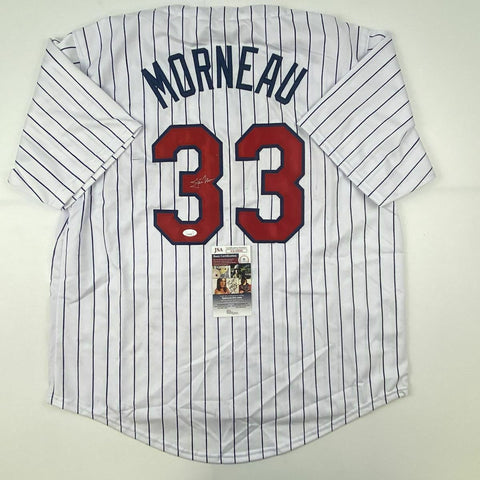 Autographed/Signed JUSTIN MORNEAU Minnesota Pinstripe Baseball Jersey JSA COA