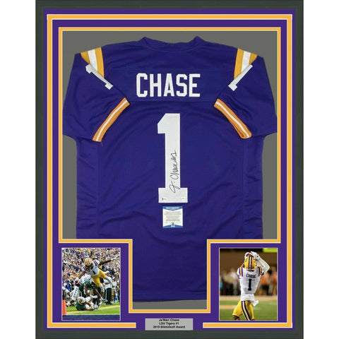 FRAMED Autographed/Signed JA'MARR CHASE 33x42 LSU Purple Jersey Beckett BAS COA