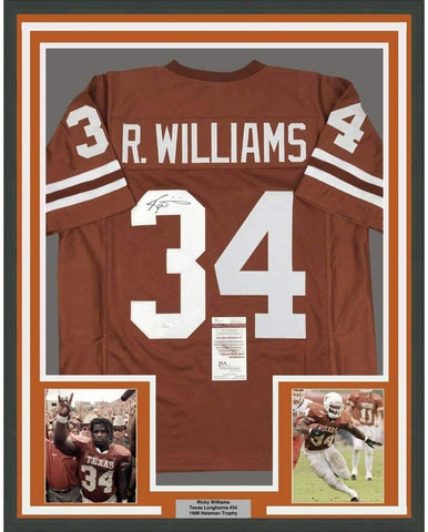 Framed Autographed/Signed Ricky Williams 35x39 Texas Orange Jersey JSA COA