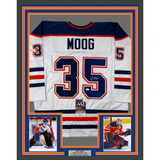 Framed Autographed/Signed Andy Moog 33x42 Edmonton White Hockey Jersey JSA COA