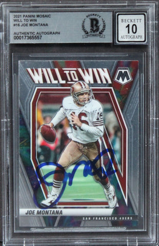 49ers Joe Montana Signed 2021 Panini Mosaic WTW #16 Card Auto 10! BAS Slabbed