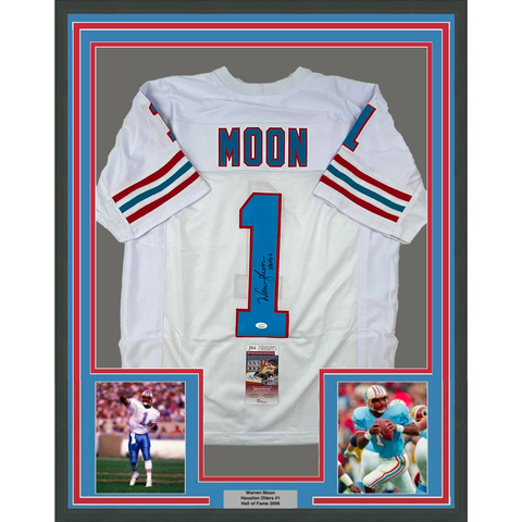 Framed Autographed/Signed Warren Moon 33x42 HOF 06 Houston White Jersey JSA COA