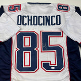 Autographed/Signed Chad Ochocinco (Johnson) New England White Jersey JSA COA