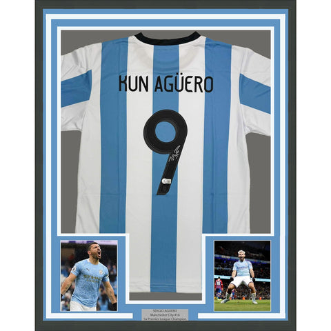 Framed Autographed/Signed Sergio Kun Aguero 35x39 Argentina Blue Soccer Futbol J