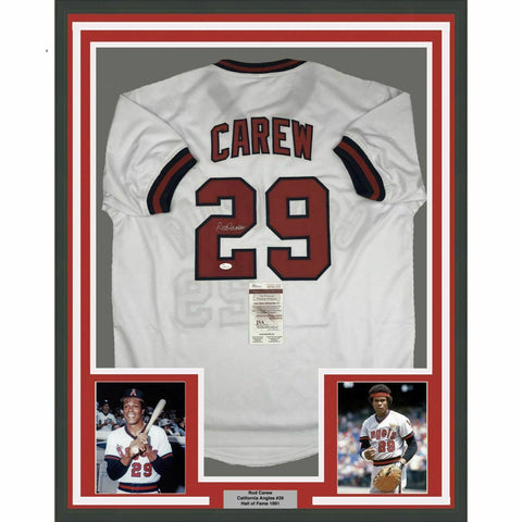 FRAMED Autographed/Signed ROD CAREW 33x42 California White Jersey JSA COA Auto