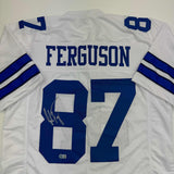 Autographed/Signed Jake Ferguson Dallas White Football Jersey Beckett BAS COA