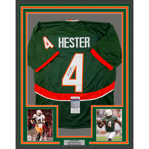 Framed Autographed/Signed Devin Hester 33x42 Miami Green College Football Jersey