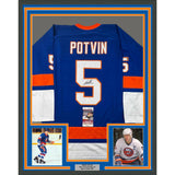 Framed Autographed/Signed Dennis Potvin 33x42 New York Blue Jersey JSA COA