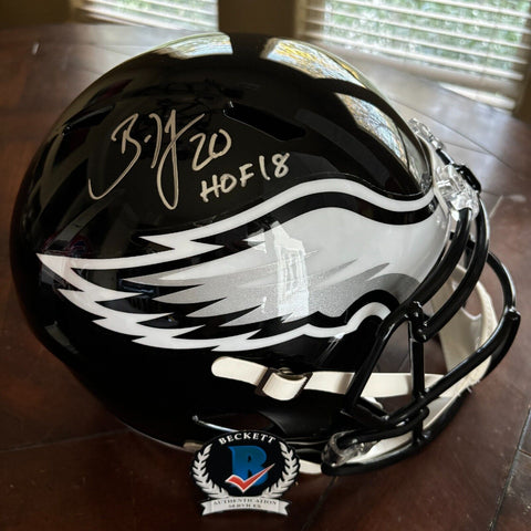 BRIAN DAWKINS AUTOGRAPHED SIGNED PHILADELPHIA EAGLES W/ HOF 18 FS REP HELMET BAS